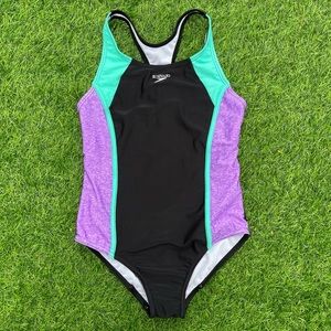 Speedo Swimsuit One Piece Racerback Green Purple Black Lined Girls Lg Preowned